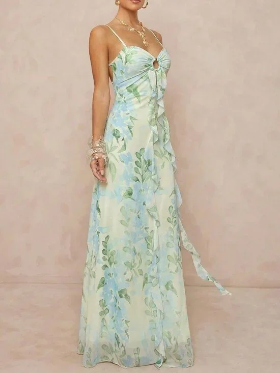 Multicolor Boho Women's Maxi Dress with Ruffle Overlay and Lace Back - Picture 5 of 6